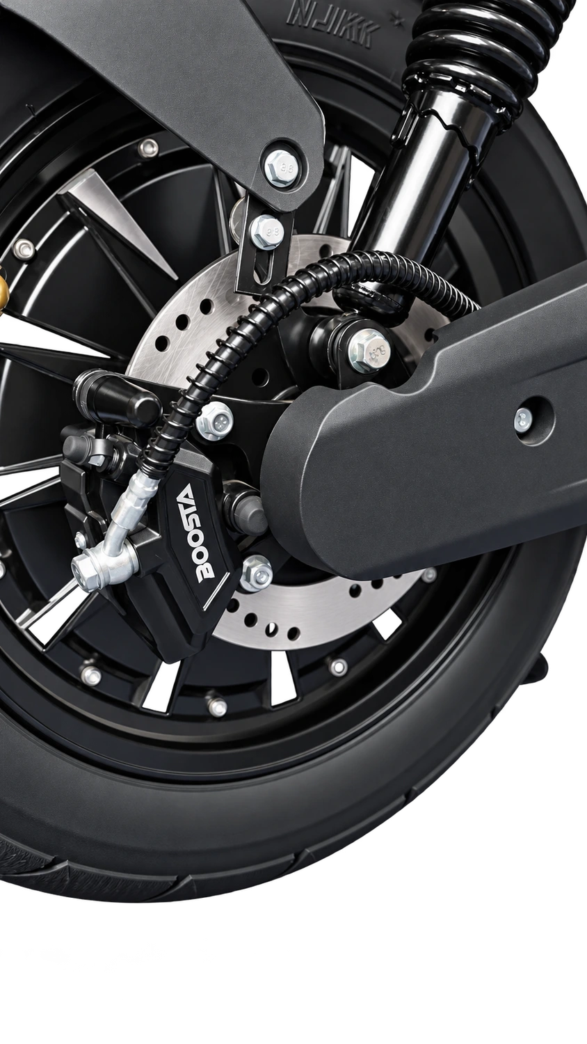 Front and rear disc brakes: rear-wheel detail